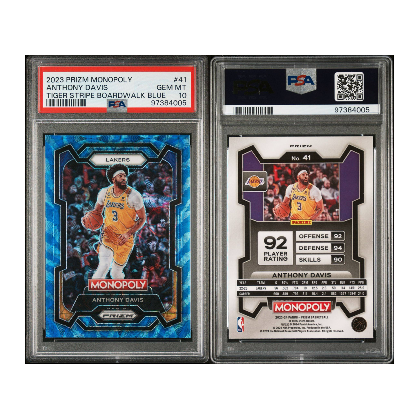 2023 PRIZM MONOPOLY #41 ANTHONY DAVIS TIGER STRIPE BOARDWALK BLUE SSP PSA 10