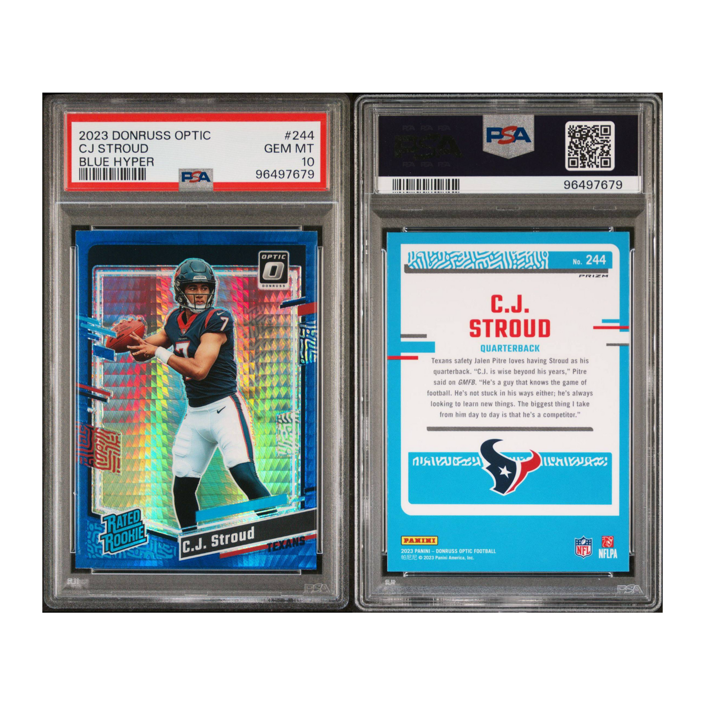 2023 DONRUSS OPTIC #244 CJ STROUD BLUE HYPER RATED ROOKIE PSA 10